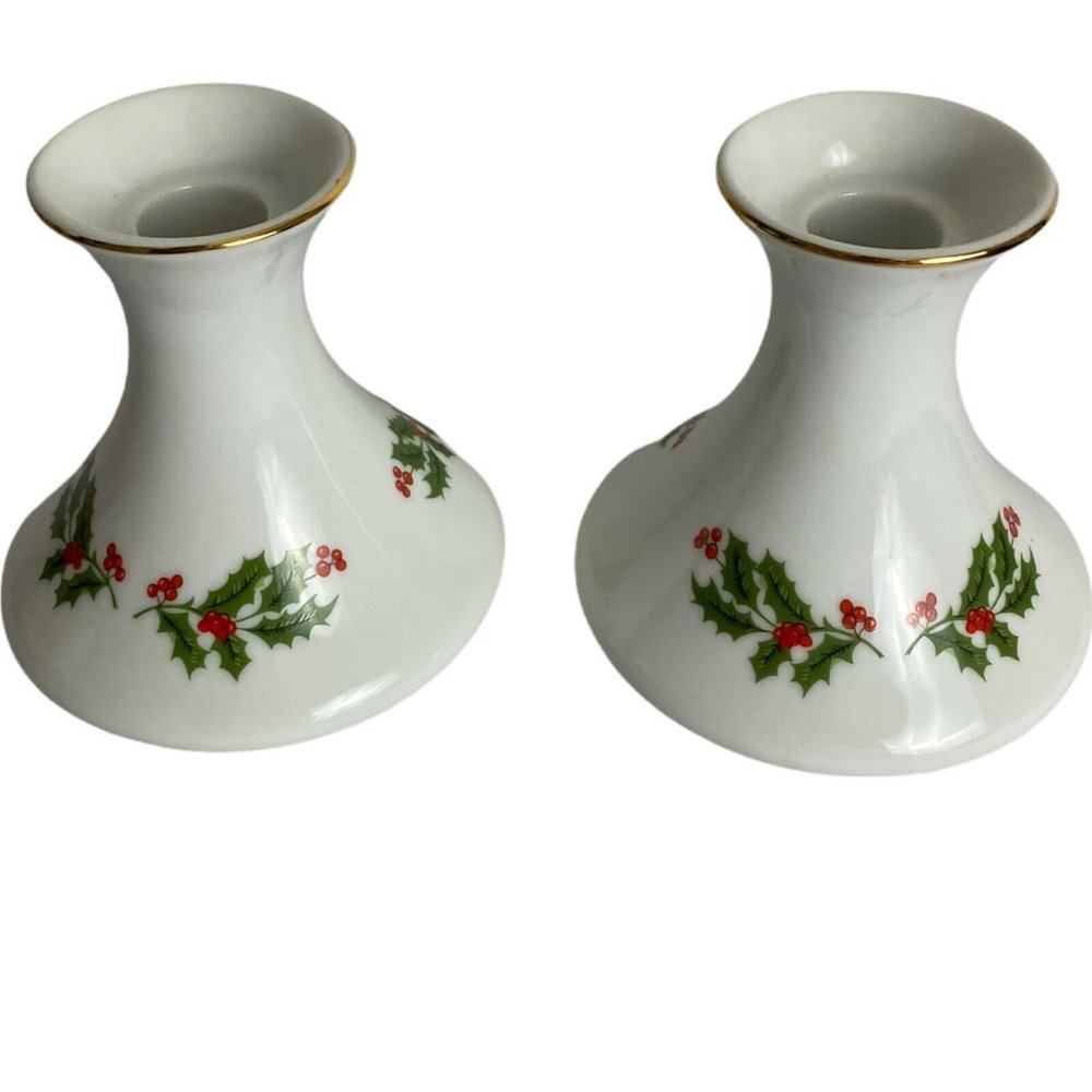 Macy's The Cellar Ivory Holly Japan Set of 2 Candle Stick Holders Vtg 1990s